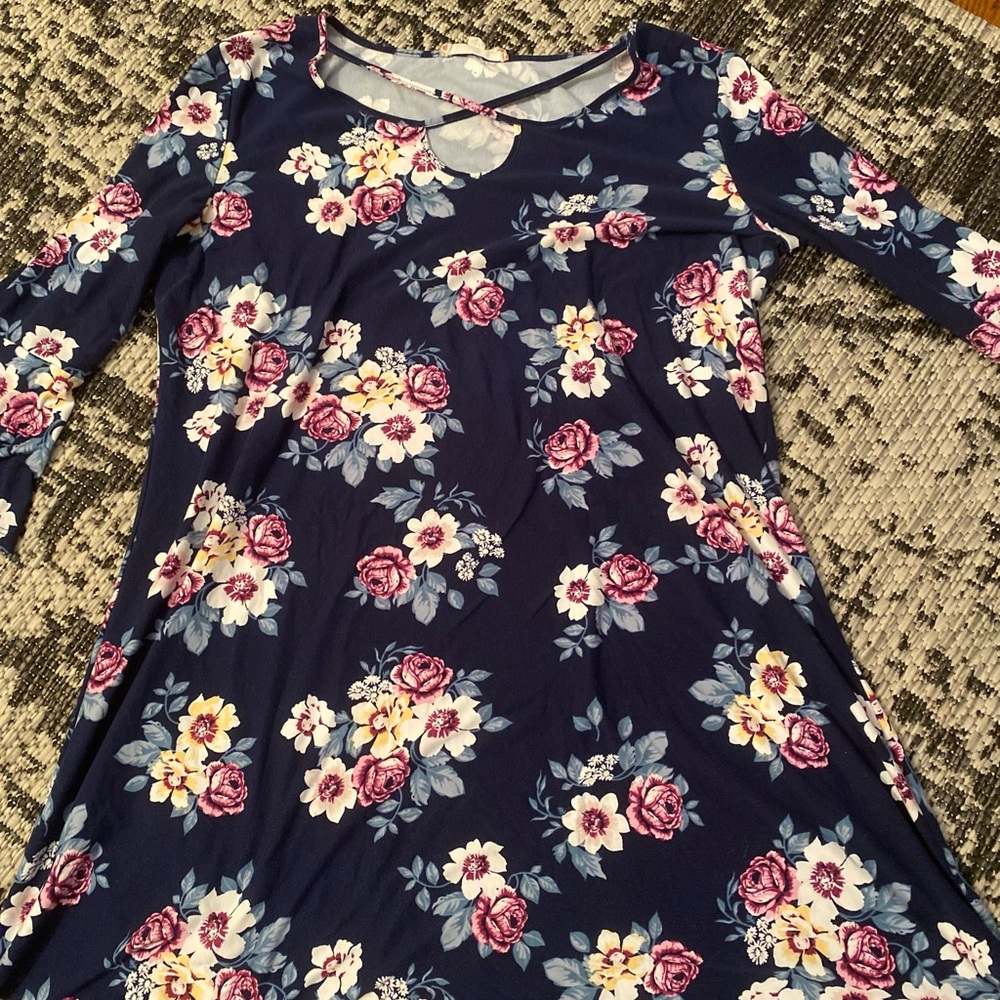 brand: PINK ROSE | color: DARK BLUE WITH MULTI COLORED FLOWER PRINTS | size: L